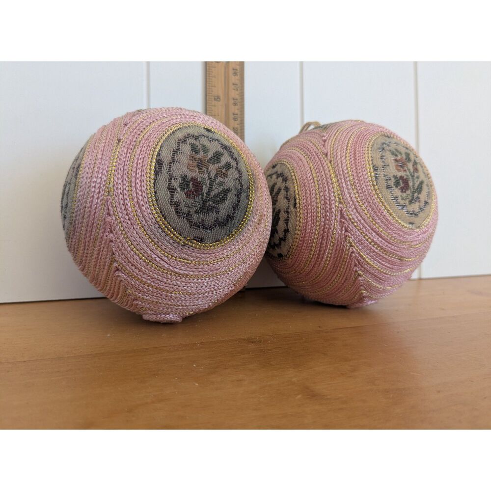 Vintage Embroidered Christmas Ball Ornaments - Needlepoint - Pink, Floral - Picture 6 of 6